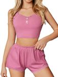 Avidlove Sexy Pajamas for Plus Women Lace Trim Cami Shorts Sets Ribbed Sleepwear Sexy Set Rose Pink