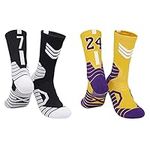 BERYCH Mens Sports Socks, 2 Pairs Cotton Star Basketball Socks for Aldult, Breathable Medium Socks, Sweat-absorbent, Anti-friction, High Elastic Socks For Sports Lovers（the Lakers No.24 & Nets No.7）