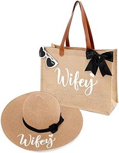 Percozzi Wifey Tote Bag Sun Hat Glasses Set Bride-To-Be Bridal Shower Gift for Future Mrs. Honeymoon Jute Tote Bag Kit Summer Beach Present for Wife Set of 3, Multicolor, Large, Bride Tote Bag Sun Hat