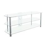 MAHARA Glass Corner TV Stand – Universal Clear Glass TV Unit 125cm wide with Glass Shelves and Cable Management – TV Floor Stand Suitable for up to 60” TVs and Max Weight 45Kg