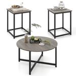 COSTWAY Geometric Coffee Tables Set of 3, Metal Frame Round Sofa Side Table with 2PCS Square End Tables, Modern Accent Cocktail Snack Tea Tables for Living Room Bedroom Office (Grey+Black)