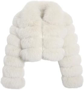 loveimgs Women Fluffy Faux Fur Coat Cropped Jacket Puffer Jacket Zip Up Winter Warm Fuzzy Teddy Jacket, White02, Large