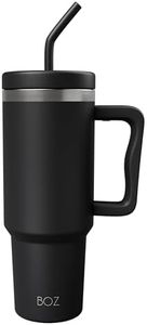 BOZ Mug Isotherme avec Paille et Poigné - Gobelet Paille de Bureau et Voiture en Acier inoxydable, Élégant et Durable - Gobelet Isotherme pour les boissons chaudes et froides (1200mL, Noir)