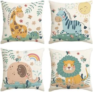 Artoid Mode Set di 4 federe per cuscino per bambini, motivo: giraffa, elefante, zebra, leone, giungla, 45 x 45 cm, per divano e soggiorno