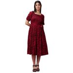 Globus Women Black and Red Square Neck Puff Sleeve Smocked Midi Dress-3640243002