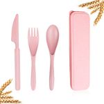 Reusable Travel Utensils Set with Case, Pink Wheat Straw Portable Plastic Fork Spoons Knife Camping Cutlery, Eco-Friendly BPA Free Lunch Tableware Travel Picnic Utensils for Kids Adults Daily Use