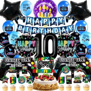 Decoración Cumpleaños Videojuegos 10 Años, Control de Videojuegos Globos de papel, WAHYGG Suministros para Fiesta de Cumpleaños Temática del Juego Niño Mit Topper de Torta Banner Globo Azul y Negro