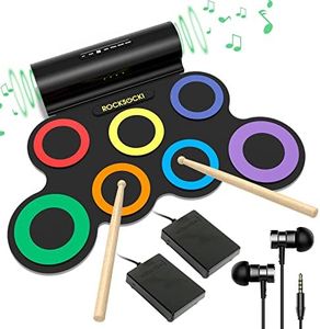 ROCKSOCKI Electric Drum Set, 7-Pad Electronic Drum Set with Headphone Included, Roll-up Drum Pad For Kids, Great Holiday Xmas Birthday Gift (Dual Speakers)