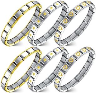 Huquary 6 Pcs Italian Charm Bracelets Shiny 9mm Starter 18 Links Stainless Steel Italian Bracelet Modular Links, about 6 inches-6 3/ 8 inches in wrist size, Stainless Steel, no gemstone