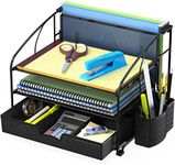 SimpleHouseware Desk Organizer 3 Tray with Sliding Drawer, Hanging File Holder and Pen Holder Accessory, Black