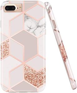 JAHOLAN Stylish Shiny Rose Gold Marble Design Clear Bumper TPU Soft Rubber Silicone Phone Case Compatible with iPhone 7 Plus/8 Plus/6 Plus/6S Plus