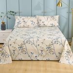 Tache Elegant Leaf Vine Nature Earthy Floral Neutral Cream Beige Tan Blue Breathable Poplin Cotton Flat Sheet, California King