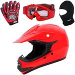 Zorax ZOR-X15 Red XS (47-48cm) Kids Children Motocross Motorbike Helmet ECE 2206 & Gloves S(5cm) & Goggles & Balaclava - Youth Junior Dirt Bike Off Road Motorcycle Crash Helmet