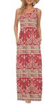 AUSELILY Women's Summer Casual Sleeveless Maxi Dress Loose Long Dresses with Pockets Boho Floral Red XL