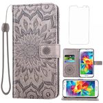 Phone Case for Samsung Galaxy S5 Wallet Cases with Tempered Glass Screen Protector Leather Slim Flip Cover Card Holder Stand Cell Glaxay S 5 Neo Gaxaly 5S Galaxies GS5 G900A G900T Women Men Gray