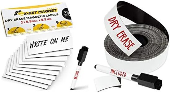 X-bet MAGNET Magnetic Strips - 1 Inch x 25 Feet Magnetic Tape Roll & Labels Bundle - Blank Write On Magnets - Sticky Labels and Stickers - Writable Flexible Magnet Sheet for Whiteboards, Refrigerator and Crafts