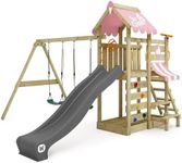 WICKEY Wooden climbing frame VanillaFlyer with swing set & slide, Outdoor kids playhouse with sandpit, climbing ladder & play-accessories for the garden - pink pastel
