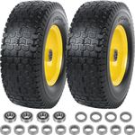 AR-PRO (2-Pack) 13x5.00-6 Flat Free Tire and Wheel Assemblies - Universal 13 x 5-6 Solid Rubbe Riding Lawn Mower Tires with Rim - 3" Centered Hub and 3/4" Extra 5/8" Bearings (Yellow Rims)