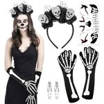 HOWAF Halloween Day of the Dead Headband, Halloween Face Tattoo Skeleton Gloves Skeleton Earrings for Day of the Dead Costume