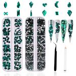 3120Pcs Diamond Nails Rhinestones Kit for Nail Art, HOINCO Green Rhinestones for Nails 3D Multi Shapes Clear AB Flat Back Gemstones for Women Nail Art DIY Crafts Jewelry with Tweezers Pen(Emerald)