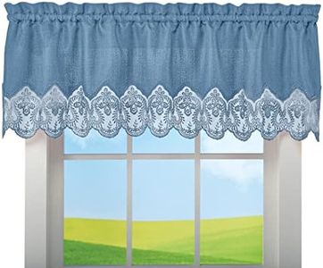 Collections Etc Elegant Lace Border Trim & Solid-Color Window Curtain Blue Valance