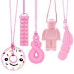 5Pcs Sensory Chew Necklace, Teether Teething Toys Made of Food Grade Silicone, Safe Teethers Toy with Adjustable Buckle for Kids, ADHD, Autistic, Biting Needs, Baby Chewing Gifts for Boys Girls (Pink)