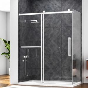 LENPHILVEE 60" W x 32" D x 76" H Frameless Sliding Shower Glass Door, Corner Shower Door L Shaped, SGCC 3/8" & 5/16" Tempered Glass, Double Nano Coating, Stainless Steel, Leak-Proof, Chrome