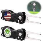 Amy Sport Golf Divot Repair Tool with Ball Marker Magnetic Switchblade Foldable Value 2 Pack, Black Blue Red Fish Pop-up Button Stainless Steel Divot Tools Portable for Men Women (Black Fish)