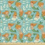 Ambesonne Underwater Fabric by the Yard, Underwater World Little Mermaid Girls Friends Seahorse Fish Shells, Decorative Fabric for Upholstery and Home Accents, 1 Yard, Teal Orange