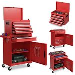 GiantexUK Tool Cabinet, 2 in 1 Lockable Metal Tool Chest with Removable Top Cabinet, Wheels, 5/6 Drawers, Pegboard & Hooks, Heavy-duty Rolling Tool Box Trolley (with Adjustable Shelf, Red)