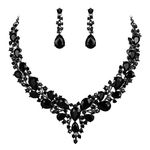 BriLove Women's Wedding Bridal Austrian Crystal Teardrop Cluster Statement Necklace Dangle Earrings Set Black Black Tone