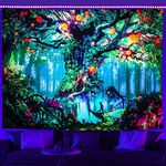 Miytal Blacklight Tree of Life Fantasy Forest Fairy Tapestry Nature Tree Magical Elves Tapestry Wall Hanging Trippy UV Reactive Tapestry for Bedroom - 59.1" x 80"