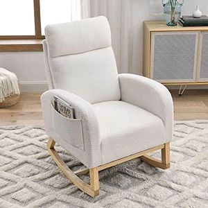 Krinana Nursery Rocking Chair with Solid Wood Legs, Glider Chair for Nursery with Two Side Pockets, Rocker Armchair for Living Room Bedroom (Ivory White, Teddy Fabric)