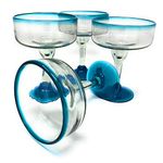 Dos Sueños Mexican Hand Blown Glass - Set of 4 Hand Blown Margarita Glasses (16 oz) with Aqua Blue Rims