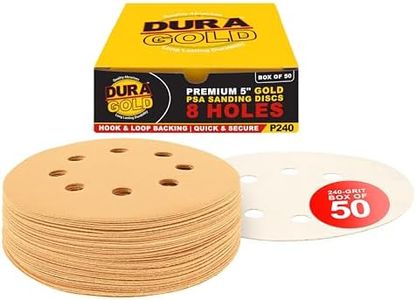 Dura-Gold Premium 5" Gold Sanding Discs - 240 Grit (Box of 50) - 8 Hole Pattern Dustless Hook & Loop Backing Sandpaper for DA Sanders, Aluminum Oxide Abrasive - Sand Automotive Paint, Woodworking Wood