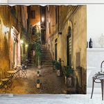 ABAKUHAUS Italian Shower Curtain, Old Courtyard Rome Italy Cafe Chairs City Historic Houses in Street, Cloth Fabric Bathroom Decor Set with Hooks, 70 Inches, Pale Yellow Green Orange