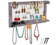 Rustic Jewelry Organizer – Wall Mounted Jewelry Holder Organizer with Removable Bracelet Rod and 16 Hooks – Perfect Earrings, Necklaces and Bracelets Holder – Vintage Jewelry Display – Rustic White