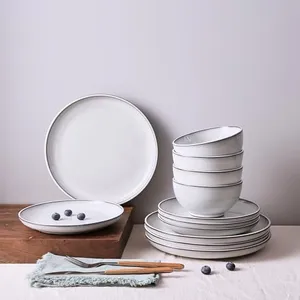 Pokini Santorini Mist Terracotta Reactive Glaze Plates and Bowls Sets, Stoneware Dinnerware Sets, Microwave and Dishwasher Safe Ceramic Dish Set Service for 4, Moonstone White