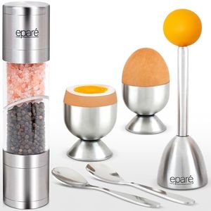 Eparé 2 in 1 Salt and Pepper Grinder Combo & Egg Topper Cutter - Dual Salt and Pepper Grinder All in One & Egg Cups & Holder for Soft Boiled Eggs