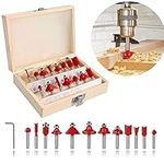 15pcs Router Bit Set 1/4 Inch 6.35mm Shank Tungsten Carbide Tipped Router Bit Set with Wooden Box Double Flute Wood Milling Saw Cutter Woodworking Router Bits Set for Handwork and DIY