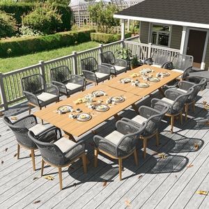 LayinSun Outdoor Dining Set for 12, 14 Pieces Patio Furniture Sets with Aluminum Dining Table and Rope Weave Chairs