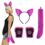 Faux Fur Fox Cat Ears Hair Headband Tail Gloves Set Fluffy Wolf Fox Cosplay Costume Hair Hoop Long Tail Kit Shining Animal Dress Up Fancy Dress Accessories Colorful Halloween Role Play Party Costume