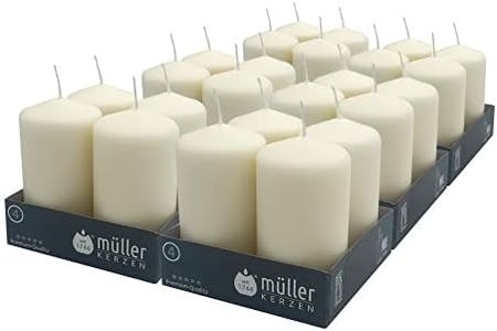 Muller Velas Pilar - Paquete de 24 piezas - 20 horas de tiempo de combustión - Marfil - 48 mm x 90 mm - Cera sin perfume, sin goteo, larga duración, calidad de la UE