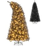 Goplus 7 FT Artificial Halloween Tree, Pre-Lit Black Christmas Tree with Bendable Top Section, 1050 Branch Tips, 340 Warm White LED Lights, Metal Stand, Hinged Xmas Tree for Office Home Decoration