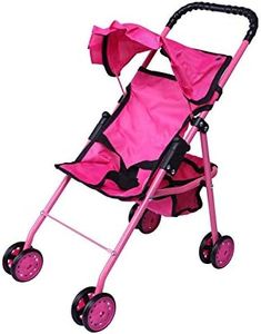 Precious Toys Baby Doll Stroller, Doll Stroller for Toddlers and 2 Year Old Girls and Older, Hot Pink Umbrella Doll Stroller, Black Handles and Hot Pink Frame, Foldable with Hood and Basket