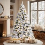 VeryMerry 7FT Pre Lit Snowy Christmas Tree with 400 Built-In Warm White LED Lights with Auto-Off Timer, 8 Lighting Modes, Foldable Metal Stand, Snow Flocked Artificial Tree