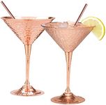 Mosscoff Copper martini glasses set of 2 10oz Hand hammered solid copper goblets with exquisite reinforcement ring. - Bonus pure copper straws - A gift set no one can resist.