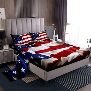 Erosebridal United States Sheet Set Teens American Flag Fitted Sheet Queen, Blue Red Bedding Set Geometric Stripes Bed Sheet with Deep Pocket, 4 Pcs with 1 Fitted Sheet, 1 Flat Sheet, 2 Pillow Cases