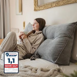 Björn&Schiller cojín de Respaldo Gris, cojín de Lectura para Cama y sofá, Almohada de Lectura para Cama, cojín de Asiento, cojín Grande con Funda Lavable - Ideal para apoyarse en la Cama (120 cm)