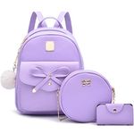 I IHAYNER Girls Bowknot 3-Pieces Fahsion Leather Backpack Backpack Purse for Women Rucksack for Ladies Shoulder Bag, Purple, Medium, Rucksack Backpacks